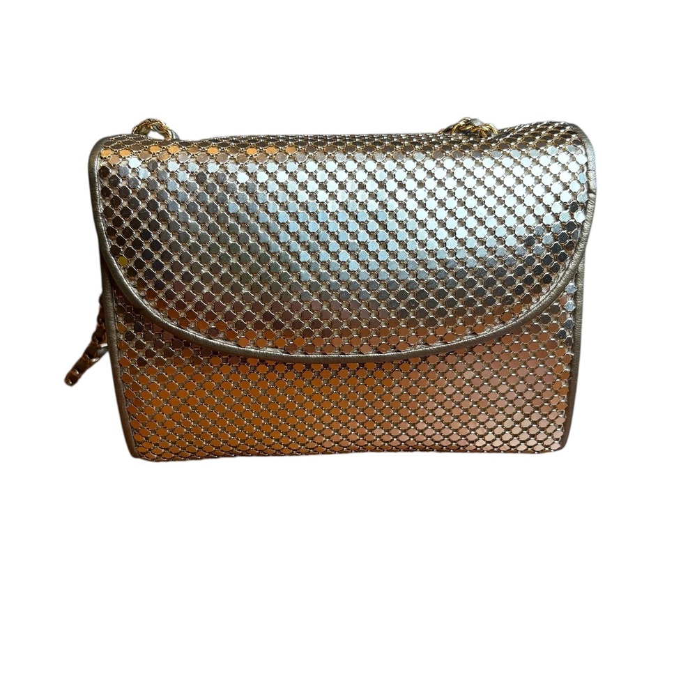 Vintage Monet Gold Metallic Evening Clutch Mesh Chain Strap Evening Handbag
